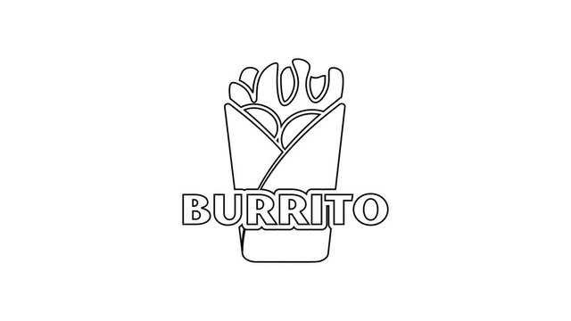 Black Burrito line icon on white background. Traditional mexican fast food. 4K Video motion graphic animation