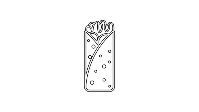 Black Burrito line icon on white background. Traditional mexican fast food. 4K Video motion graphic animation