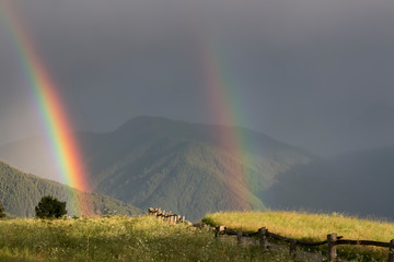 ein Weg in den Bergen führt durch zwei Regenbogen