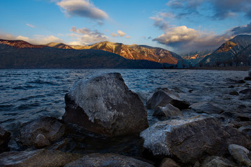 Russia. mountain Altai. Southern shore of lake Teletskoye near the mouth of the river Chulyshman