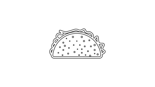 Black Taco with tortilla line icon on white background. Traditional mexican fast food. 4K Video motion graphic animation