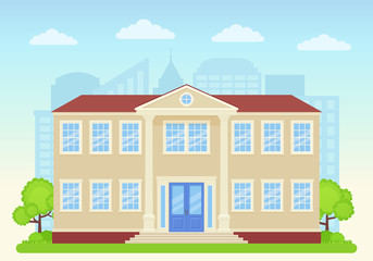University building exterior. Vector. College front view on landscape background. Facade of education building. High school icon. Cartoon flat illustration. Street architecture.