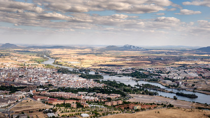 Panoramic aerial view of Merida cityscape, Spain