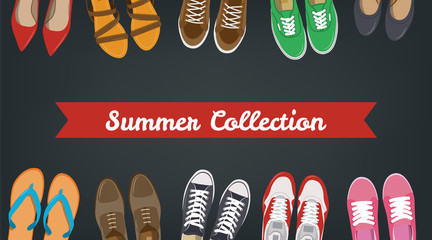 Men's and Women's shoes background. Shoes icons. Sneakers and Slippers collection. Vector - obrazy, fototapety, plakaty