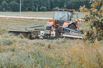 Fototapeta na wymiar Tractor mows the grass. harvesting hay for the winter