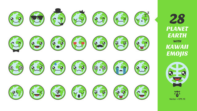 Planet Earth with kawaii emojis cute face, cartoon emotion character on a globe world circle shape with emoticon expression.