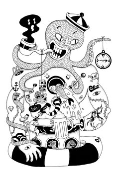 Black and white doodle of an anthropomorphic octopus sailor