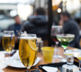 gold beer in beer mug service in the open air public bar