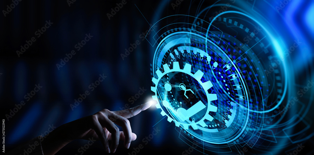 Poster Engineer hand check and control welding robotics automatic arms icon with machine in intelligent factory automotive industrial with UI monitoring system software.
