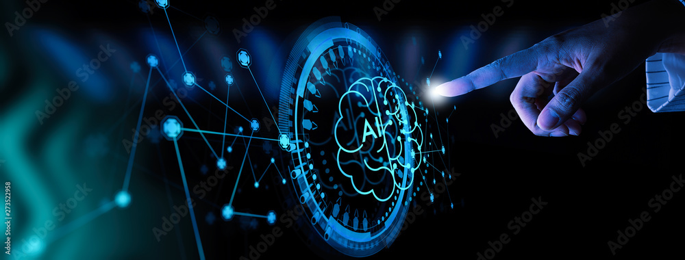 Poster business hand using digital artificial intelligence interface new modern computer.the futuristic business and coding software development on interface and synchronize network connection, IoT.