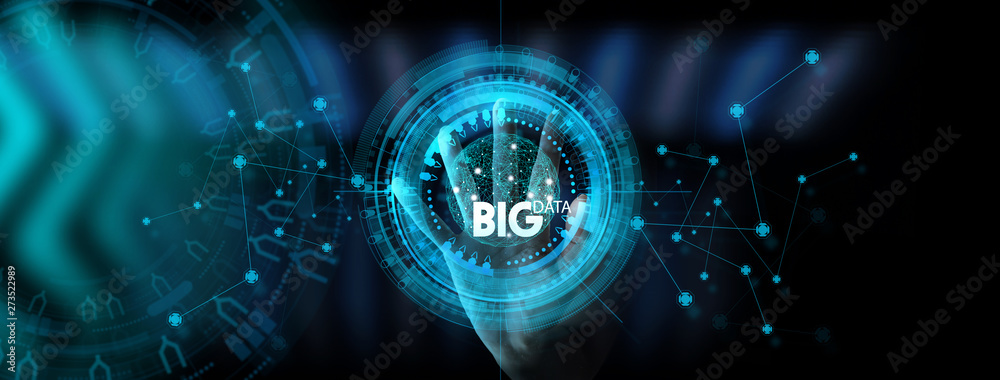 Poster Big data world and globe icon ui with hand selecting and pressing Big Data symbol and modern interface.
