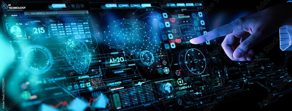 Aufkleber business hand working with cryptocurrency and ai conputer interface.