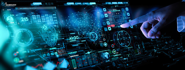 Business hand working with cryptocurrency and Ai conputer interface.