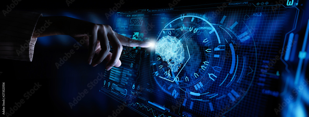 Poster Artificial intelligence (AI) with machine deep learning and data mining and another modern computer technologies UI by hand touching low poly icon.
