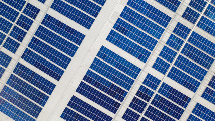 The top view of the solar cells on the roof taken with the drones