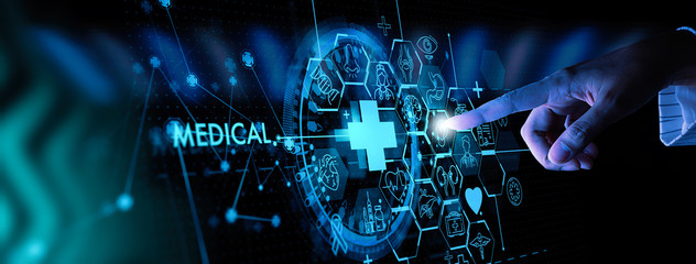 Medicine doctor hand with stethoscope working with icon medical treatment on virtual screen interface computer.