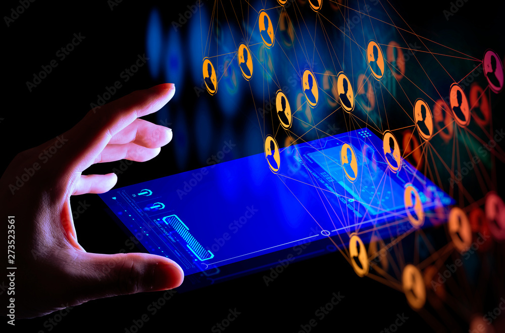 Poster Business hand working global structure networking and data exchanges customer connection with new smart phone Ui.