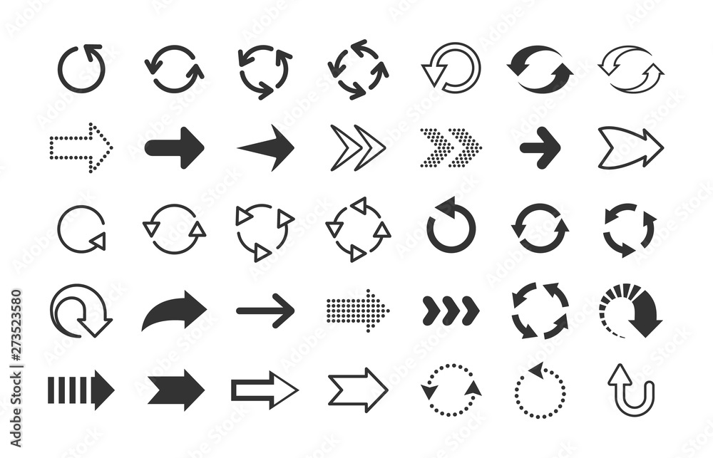Fototapete Black arrows. Circle and line direction symbols, flat pointers cursors and next page signs. Vector up down left right refresh motion arrow set