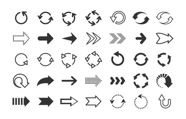 Black arrows. Circle and line direction symbols, flat pointers cursors and next page signs. Vector up down left right refresh motion arrow set