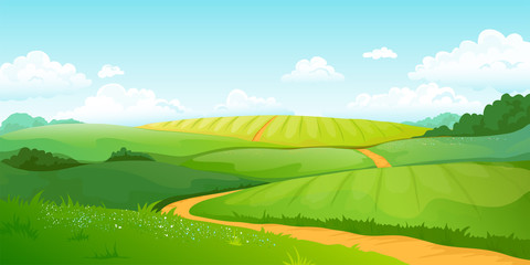 Summer fields landscape. Cartoon countryside valley with green hills blue sky and curly clouds. Vector rural nature horizon pasture view © SpicyTruffel
