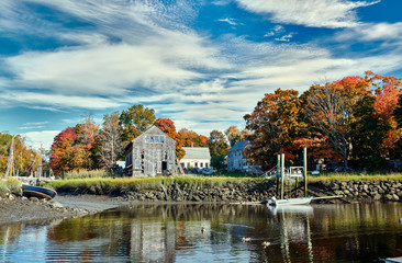 Fall in Essex, Massachusetts, USA. Autumn scene at old wharf. - obrazy, fototapety, plakaty