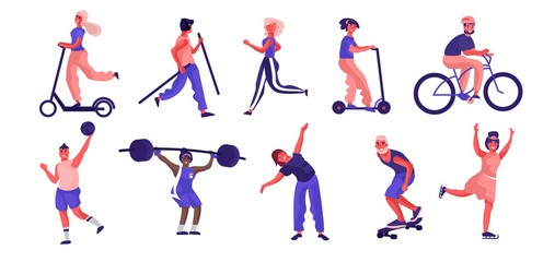 Fototapeta na wymiar Cartoon people sport activities. Trendy flat characters running riding playing and doing workout. Vector illustration happy training persons set