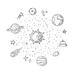 Doodle solar system. Trendy hand drawn space, sketch planet meteor comet astronomy elements. Vector lineart illustrations