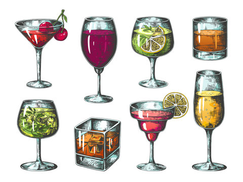 Hand drawn cocktails. Colored glasses with alcoholic beverages and lemonades, tropical bar drinks. Vector isolated sketch fresh drink set