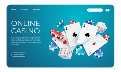 Online casino. Web landing page template for internet poker game. Vector gambling illustration flying poker cards, chips game elements