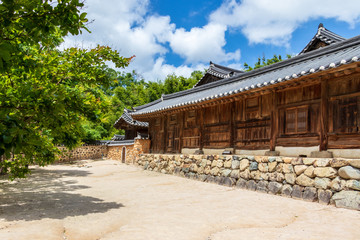 Details of korean traditional style building facade in the Yangdong Folk Village in a typical country side landscape. Gyeongju, South Korea, Asia.