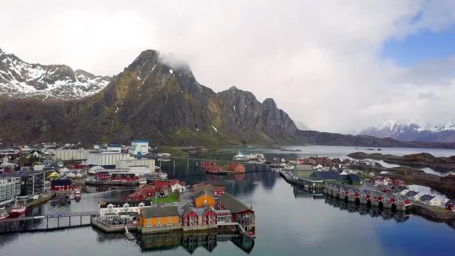 Aerial view of Svolvaer Norway, Svolvaer - Norwegian town aerial view, Fishing huts stand in rows in a village in the Arctic Lofoten Islands, fishing village on the lofoten islands Norway