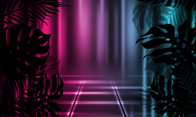 Background of empty dark scenes with neon lights and shapes, smoke. Silhouettes of tropical palm leaves in the foreground. Bright futuristic abstract background