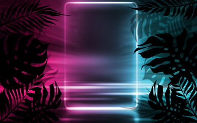 Background of empty dark scenes with neon lights and shapes, smoke. Silhouettes of tropical palm leaves in the foreground. Bright futuristic abstract background