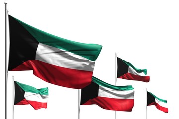wonderful five flags of Kuwait are wave isolated on white - any occasion flag 3d illustration..