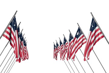 cute independence day flag 3d illustration. - many Liberia flags hangs on in corner poles from left and right sides isolated on white