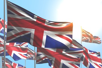Fototapeta na wymiar cute any celebration flag 3d illustration. - many United Kingdom (UK) flags are wave on blue sky background