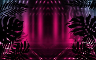 Background of empty dark scenes with neon lights and shapes, smoke. Silhouettes of tropical palm leaves in the foreground. Bright futuristic abstract background