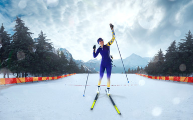 Biathlon. Skier biathlon champion. Winter Olympic sports.