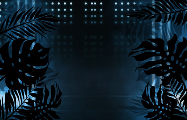 Background of empty dark scenes with neon lights and shapes, smoke. Silhouettes of tropical palm leaves in the foreground. Bright futuristic abstract background