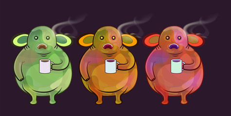 sudden onset of autumn vector illustration, bright puzzled picts with mugs of hot tea. amazed forest monsters. little different colors creatures concept, fat big ears beasts awake at the morning