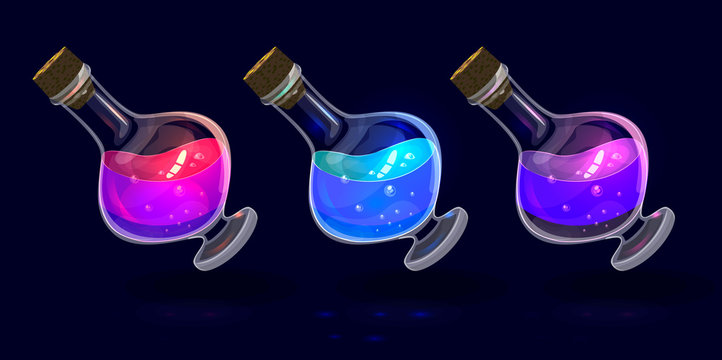 Set of bright potions for casual fantasy game, fantastic bright colorful elements, lightnong live medicine poison elixir, b;ue, pink, violet radiation, wooden cork, isolated mana reserves elements