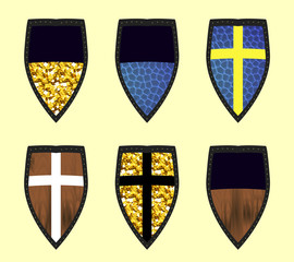 Set of isolated on white fantasy elemental medieval shields for casual game, vector garaphic, bright cartoon icons, colorful textured magic knight armor. Golden/ wooden, blue water surface texture.