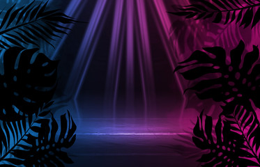Background of empty dark scenes with neon lights and shapes, smoke. Silhouettes of tropical palm leaves in the foreground. Bright futuristic abstract background