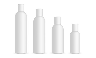 Plastic cosmetic bottles 120ml, 100ml, 60ml, 30ml, isolated on white background. Vector illustration