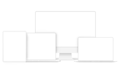 Set of modern clay devices mockups: PC, laptops, tablet computer. Vector illustration - obrazy, fototapety, plakaty