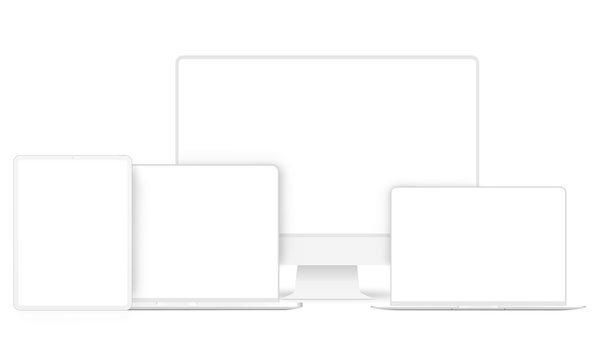 Set of modern clay devices mockups: PC, laptops, tablet computer. Vector illustration
