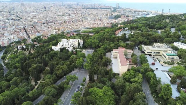 Barcelona. Aerial view of  Montjuic in Barcelona, city of Catalonia,Spain. Drone Video
