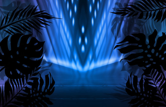 Background of empty dark scenes with neon lights and shapes, smoke. Silhouettes of tropical palm leaves in the foreground. Bright futuristic abstract background © Laura Сrazy