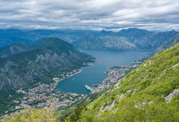 Fototapeta na wymiar Panoramic view of Bay of Kotor from Serpentine road with hairpin bends