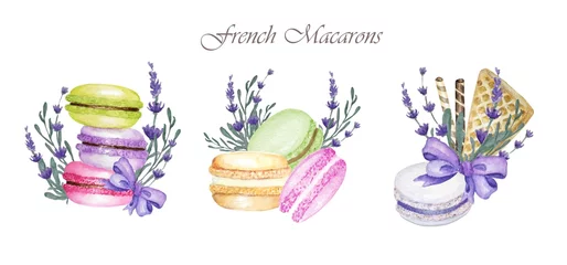 Papier Peint photo Macarons Hand drawn watercolor french macaron cakes composition with lavender flowers, waffle and purple bow, french pastry dessert. Isolated on white background macaroon biscuits, sweet and beautiful dessert.